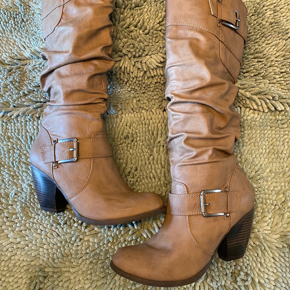Fergalicious Tall Heel Boots - Beige Size 7.5